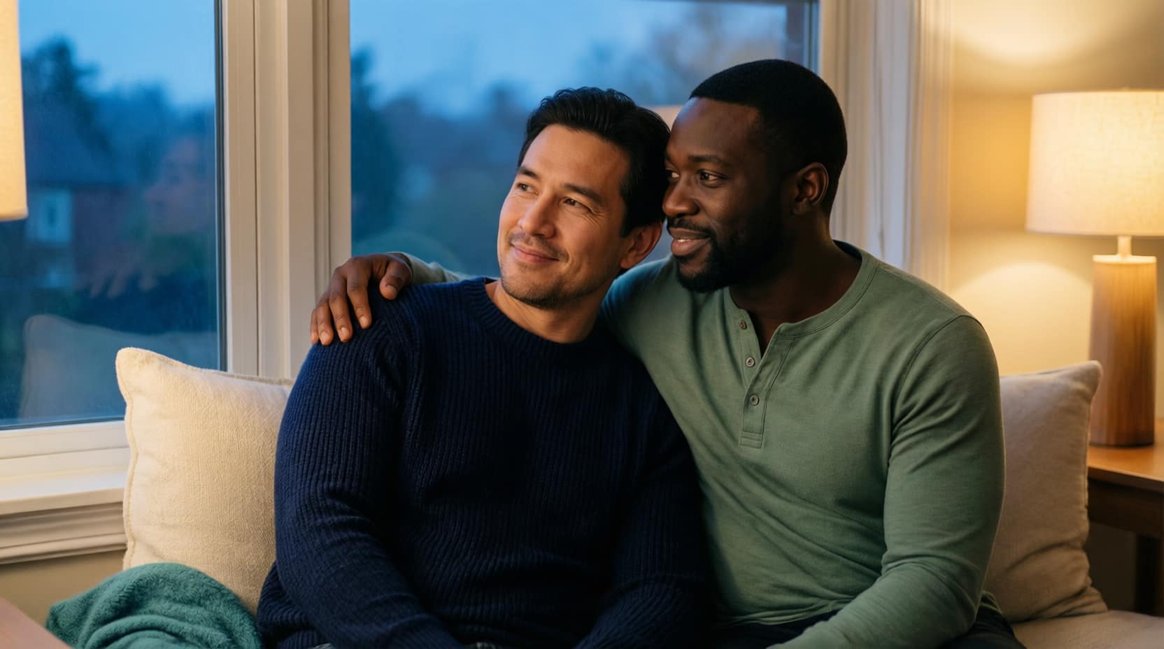 Two men sharing a quiet, warm moment together on a window seat at dusk, one resting a hand on the other's shoulder.
