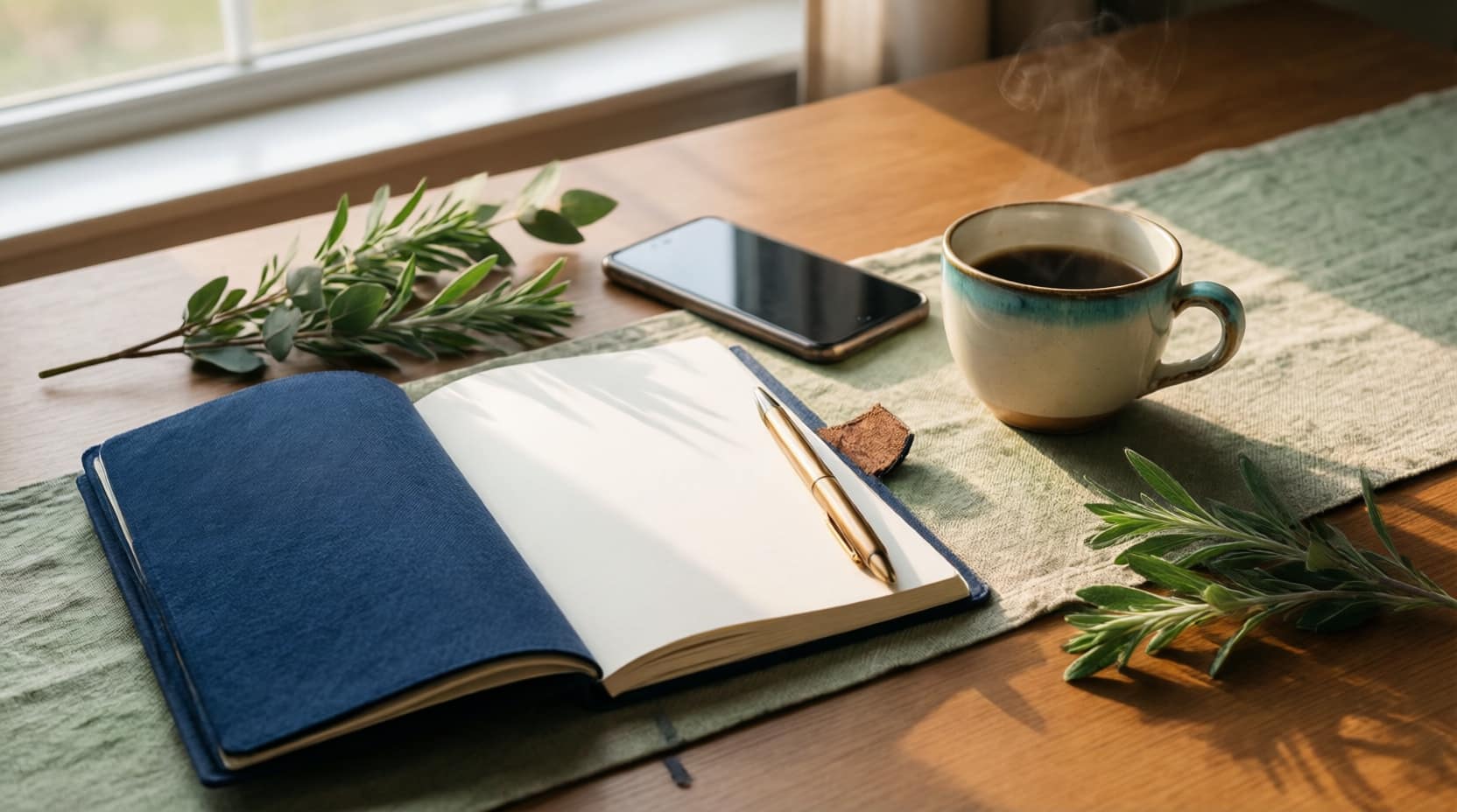 An open journal, a pen, a phone, and a cup of coffee on a warm wooden table beside a sprig of eucalyptus, in soft morning light.