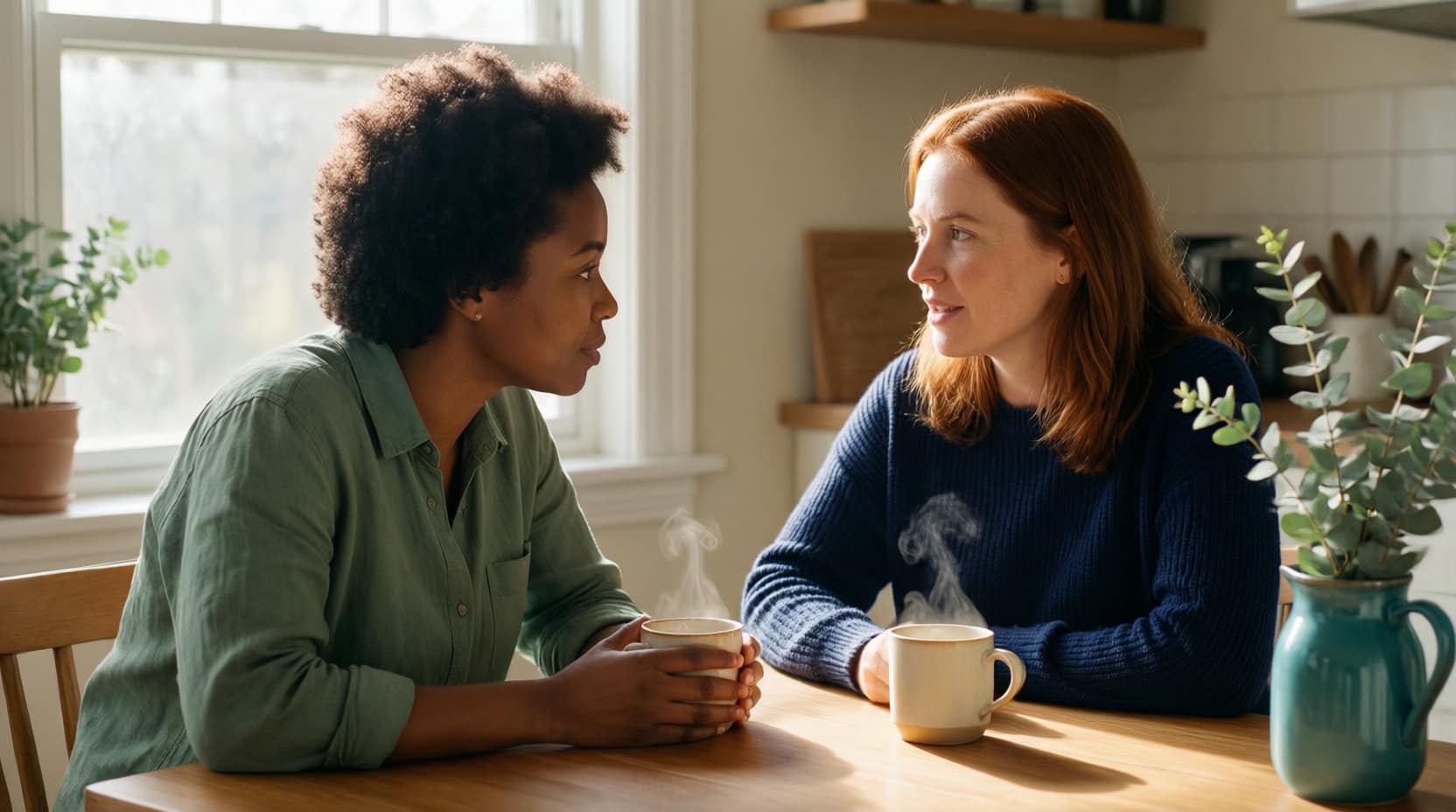 Two women sharing a quiet, tender moment at a sunlit kitchen table, one listening closely as the other speaks.