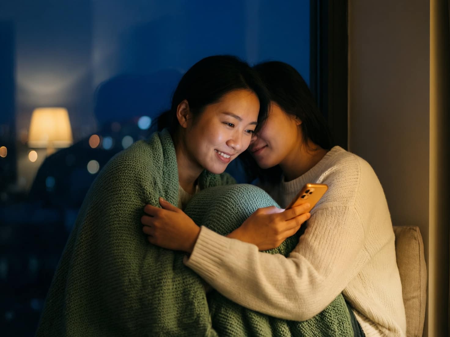 A woman curled up in a window seat at night, lit by her phone, mid-conversation with someone far away.