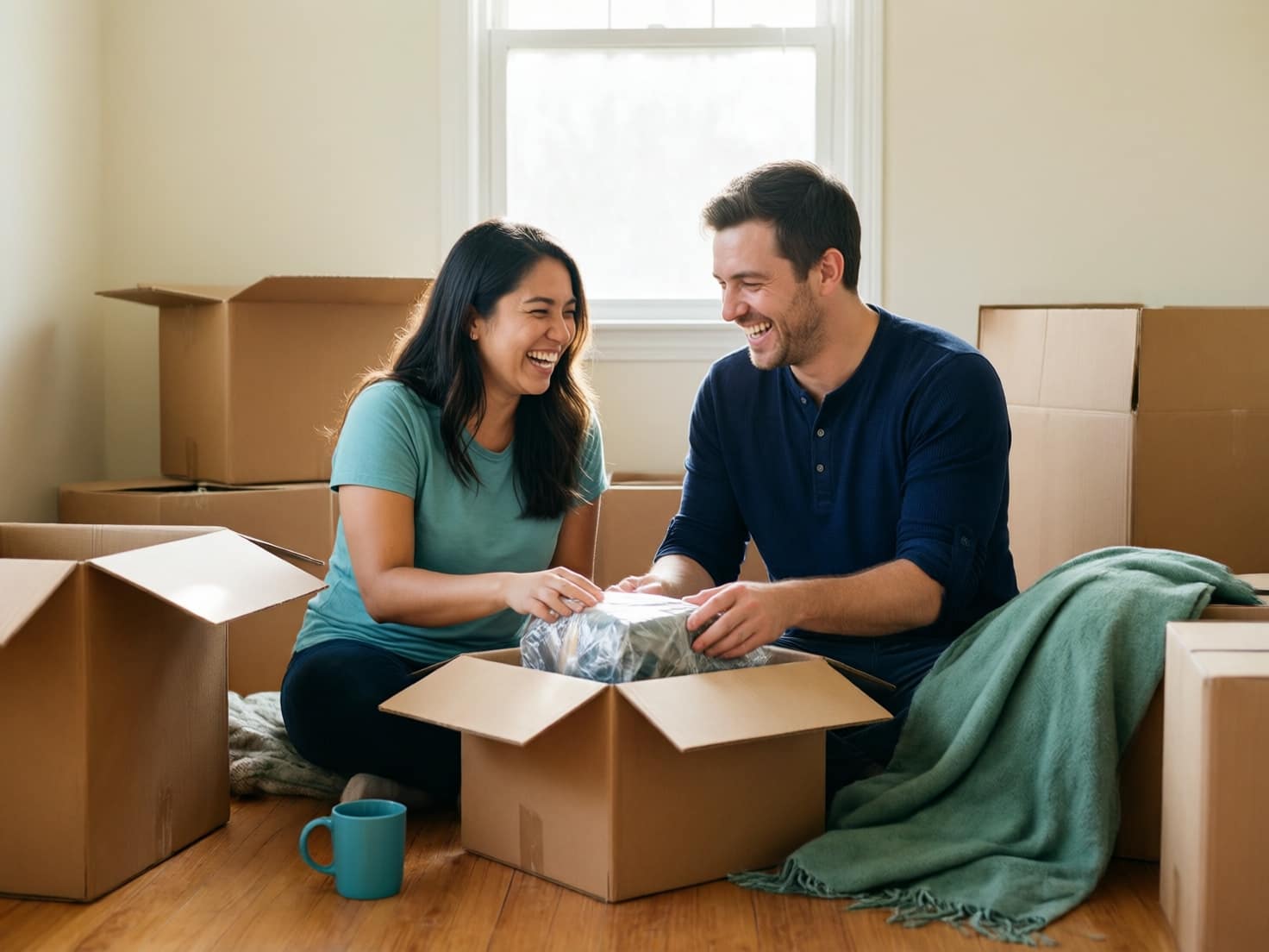 A young couple laughing softly together on the floor of a half-unpacked apartment, moving boxes around them.