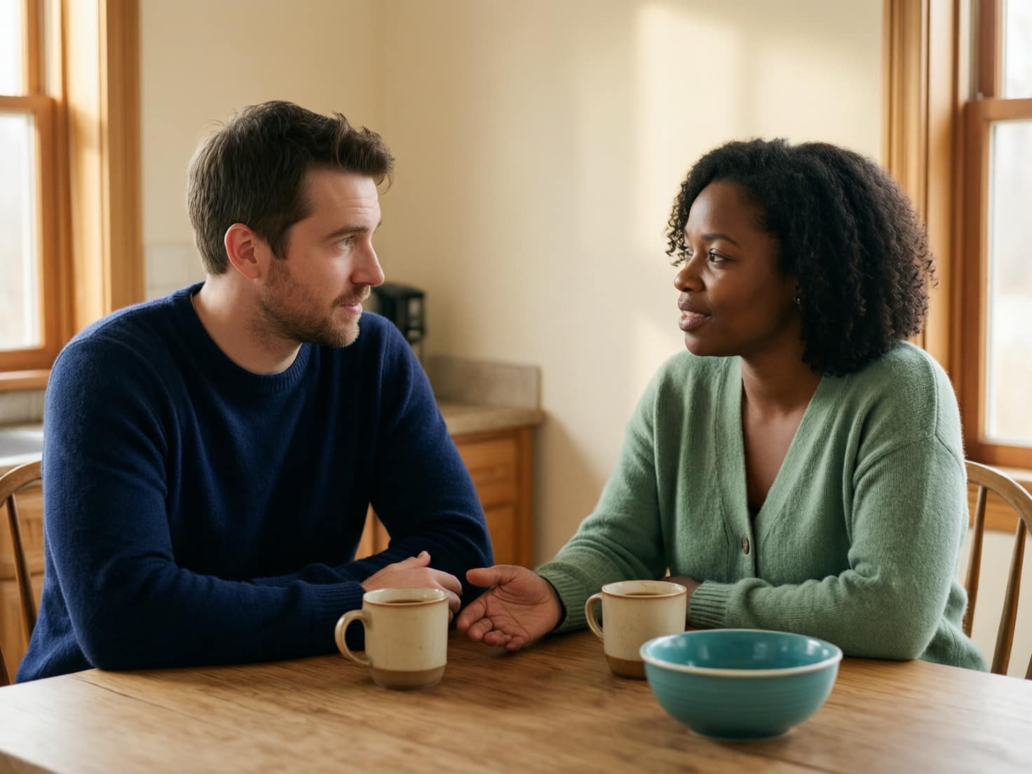 A couple at a kitchen table with two mugs of coffee, mid-discussion, one gesturing while the other listens.