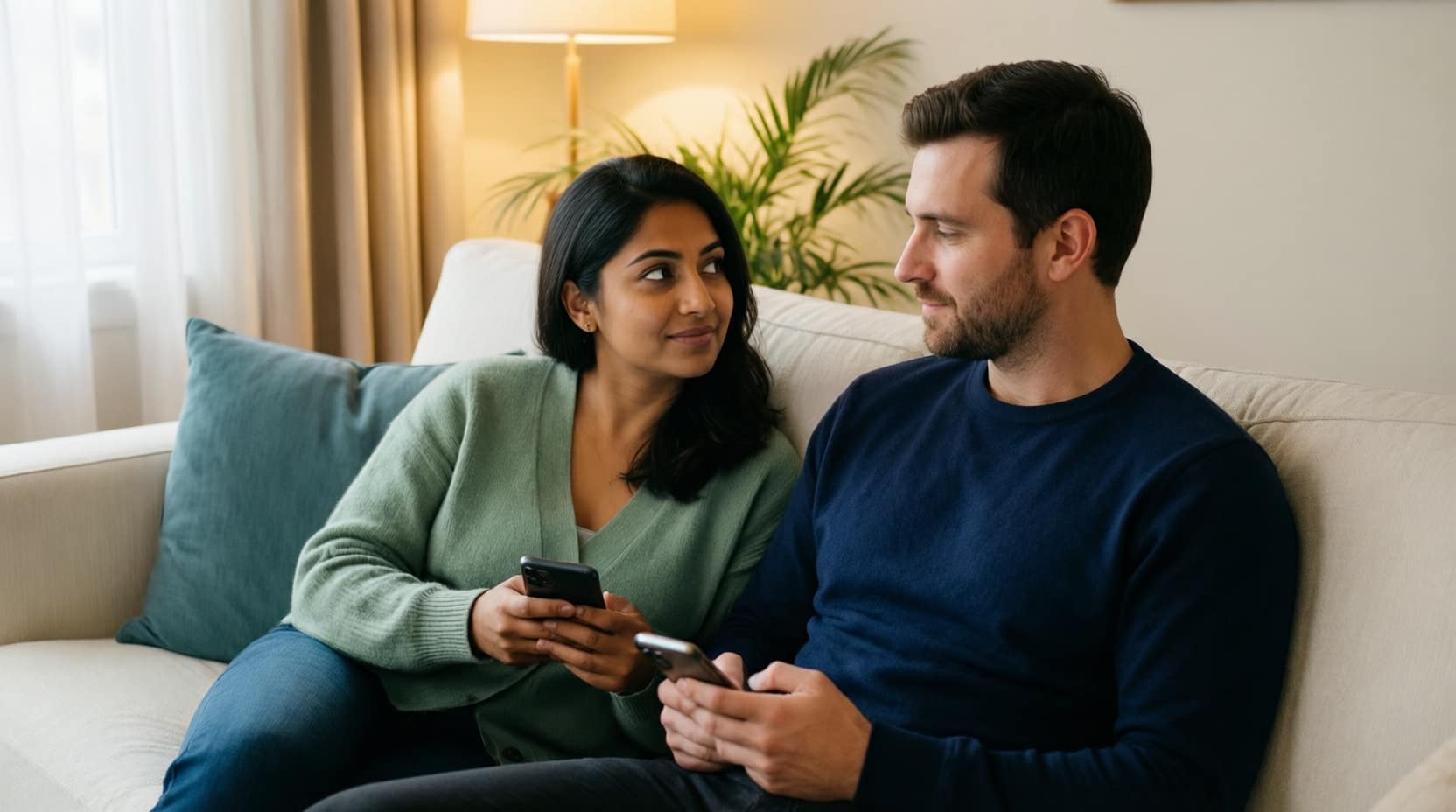 A couple sitting on the same couch, turned toward each other, each glancing at their own phone as they work through a conversation.