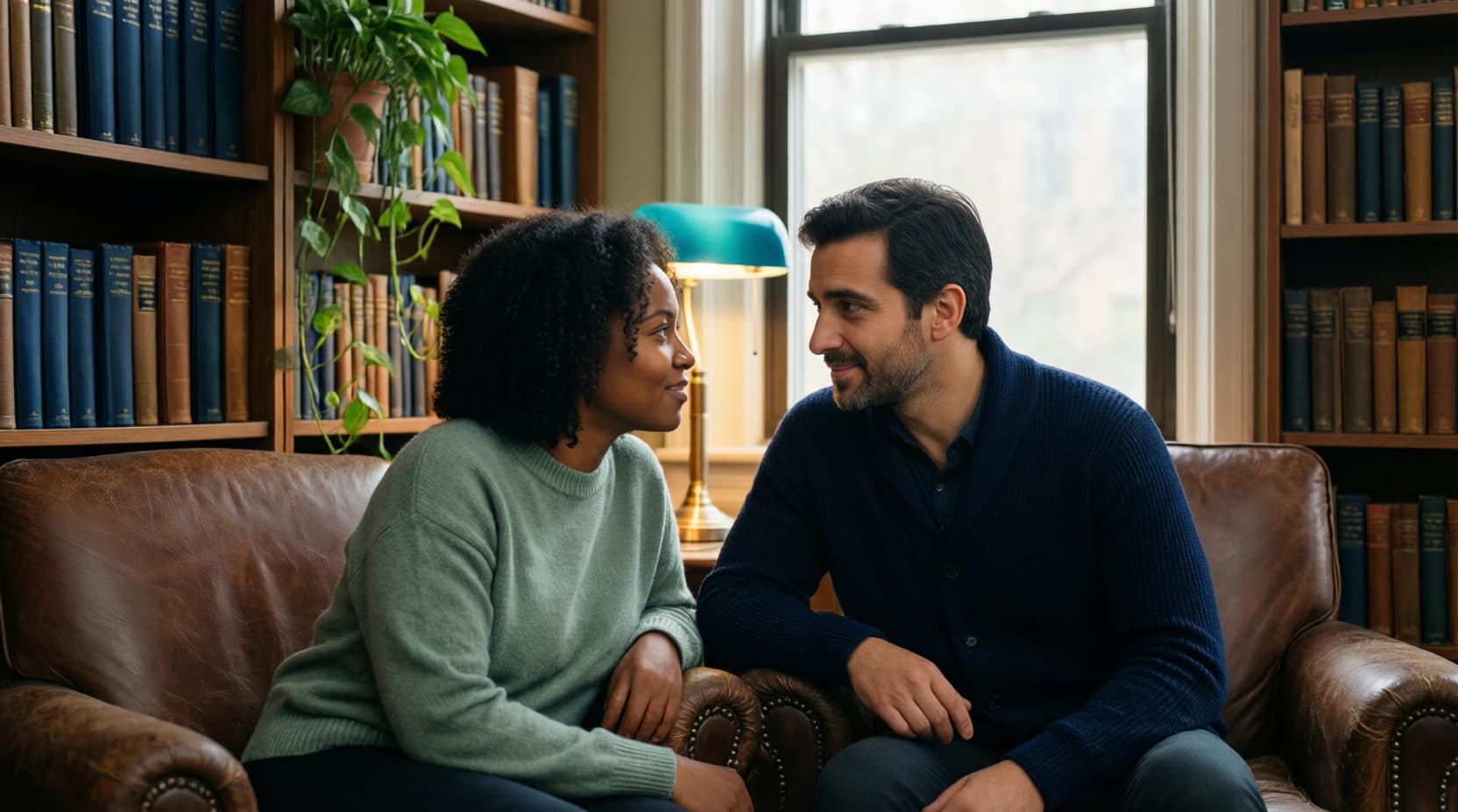 A couple in calm, focused conversation in a softly lit study lined with books and a trailing plant, leaning in to listen to each other.