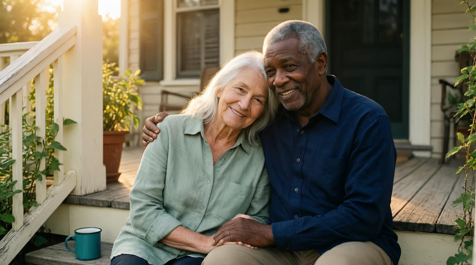 An older couple relaxing together on the porch steps of their home at golden hour, easy and unhurried.