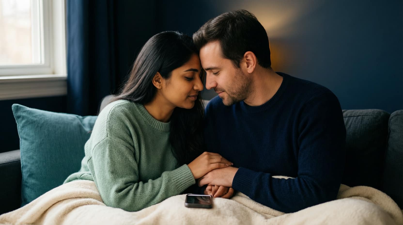A couple sitting close with their foreheads nearly touching, one holding a phone face-down in their lap, in a calm, private moment.